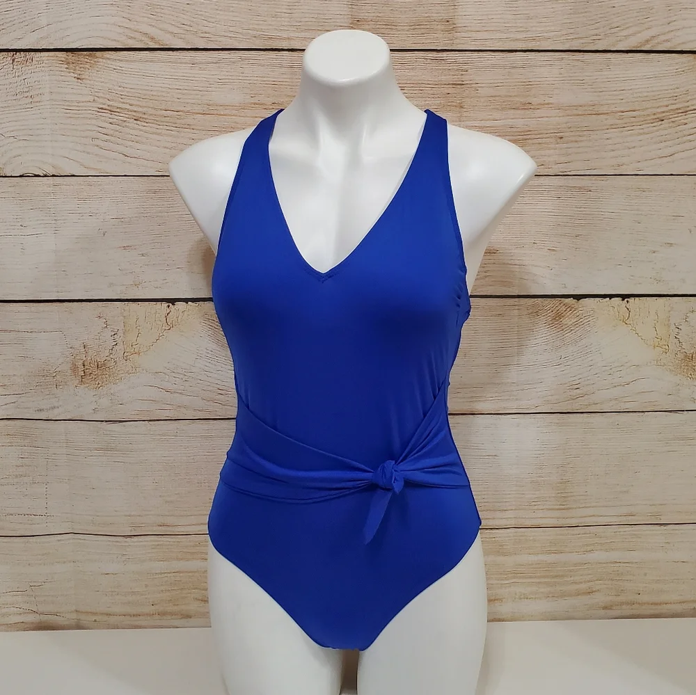 NWOT Becca Blue  Front Tie Slimming One Piece Swimsuit Small